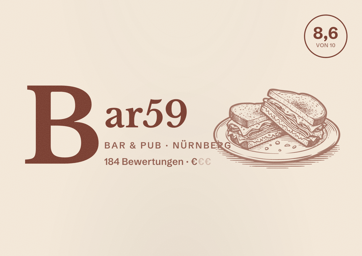 Illustriertes Poster von Bar59, Bar & Pub in Nürnberg: Bewertung 8,6 von 10 aus 184 Bewertungen, Preisniveau €