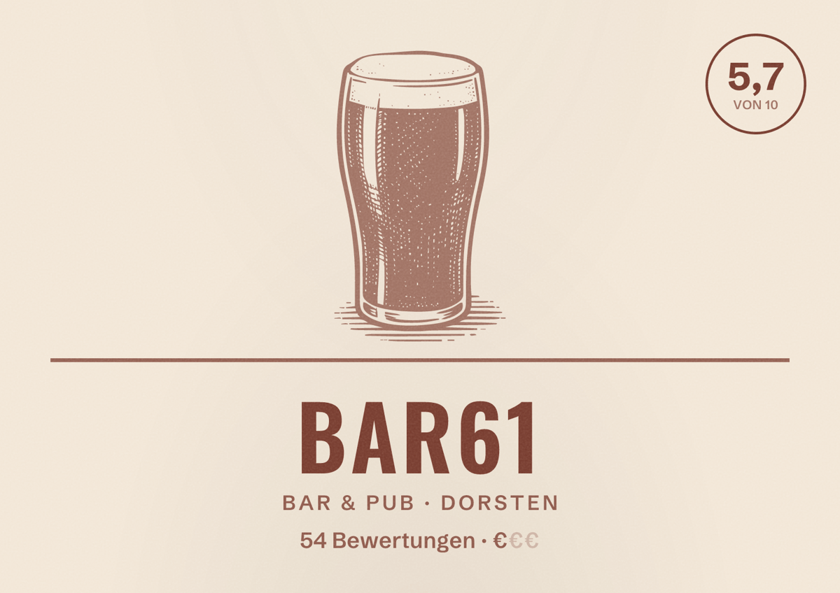 Illustriertes Poster von Bar61, Bar & Pub in Dorsten: Bewertung 5,7 von 10 aus 54 Bewertungen, Preisniveau €