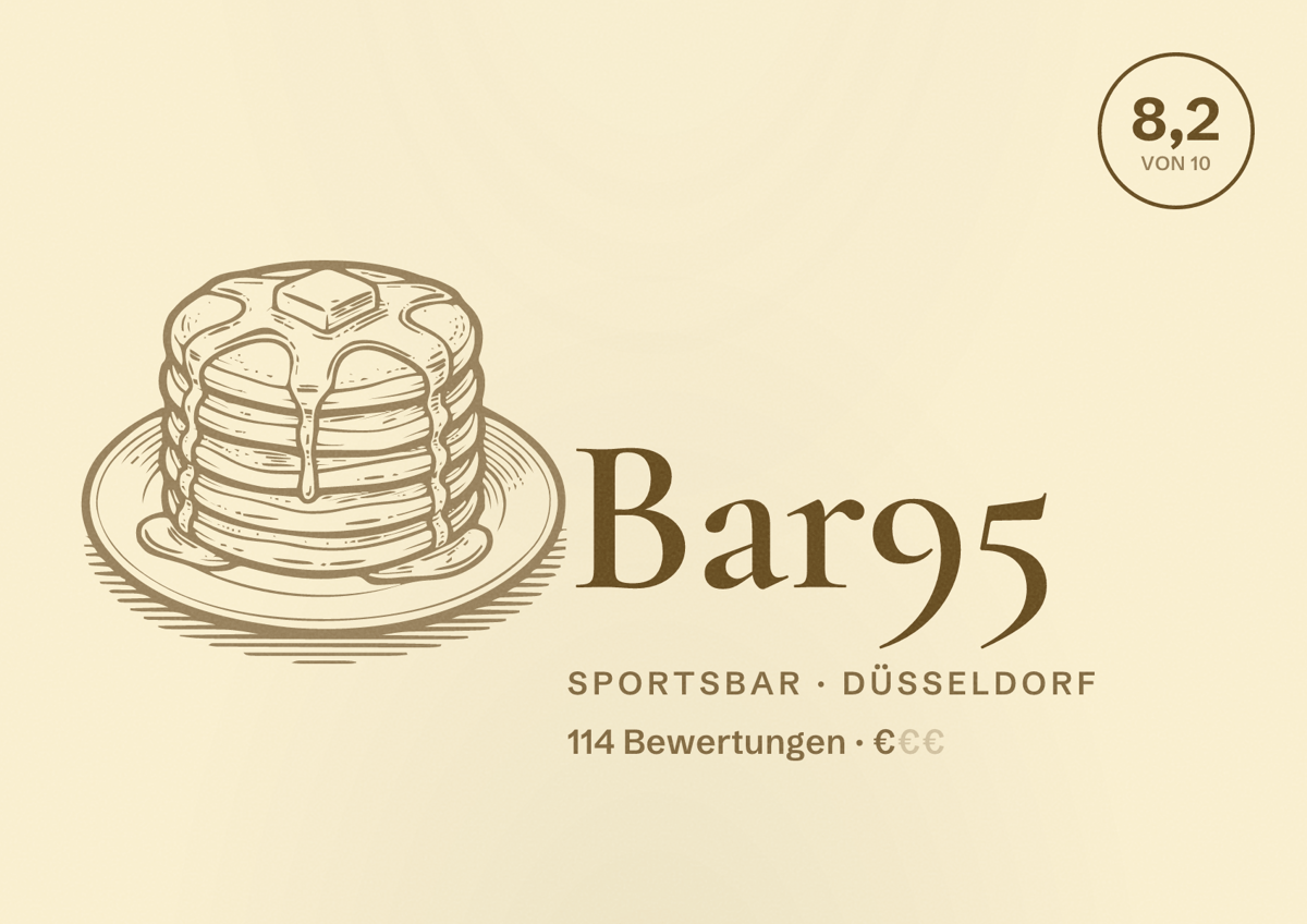 Illustriertes Poster von Bar95, Sportsbar in Düsseldorf: Bewertung 8,2 von 10 aus 114 Bewertungen, Preisniveau €