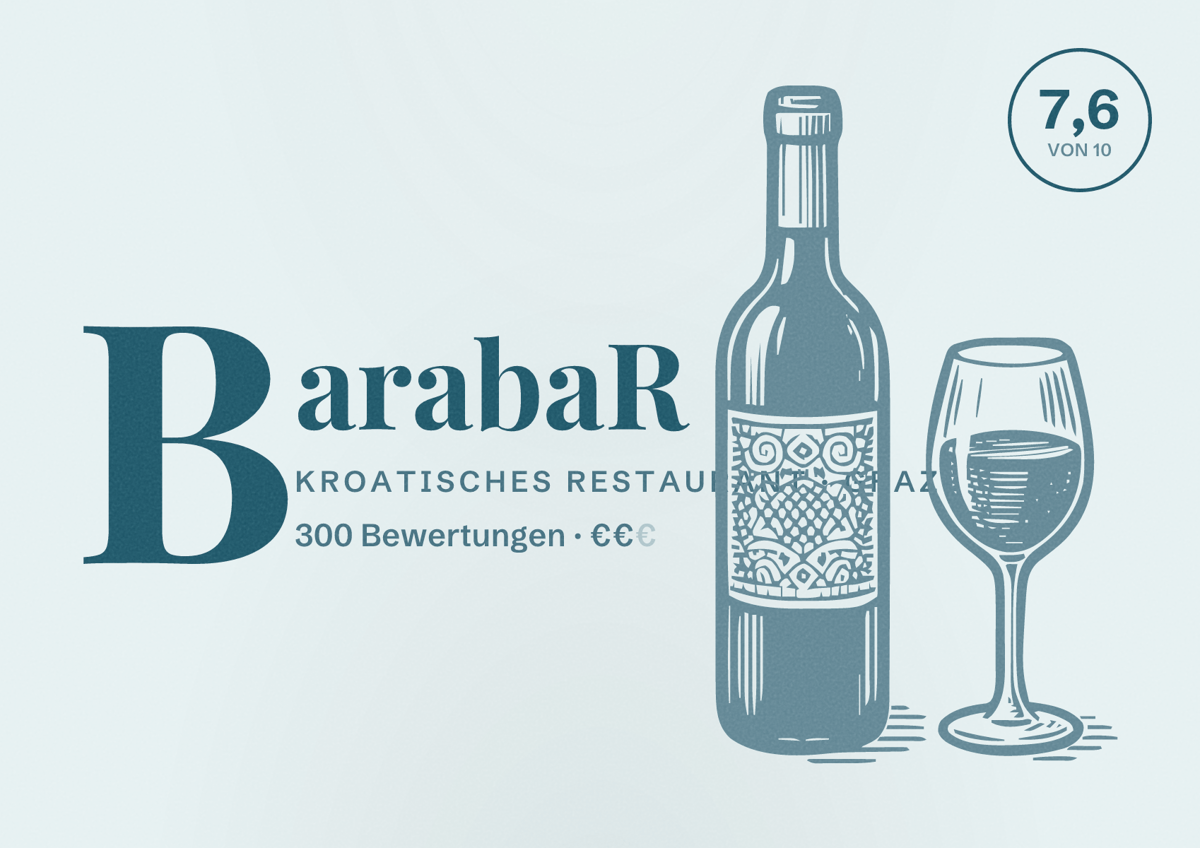 Illustriertes Poster von BarabaR, Kroatisches Restaurant in Graz: Bewertung 7,6 von 10 aus 300 Bewertungen, Preisniveau €€