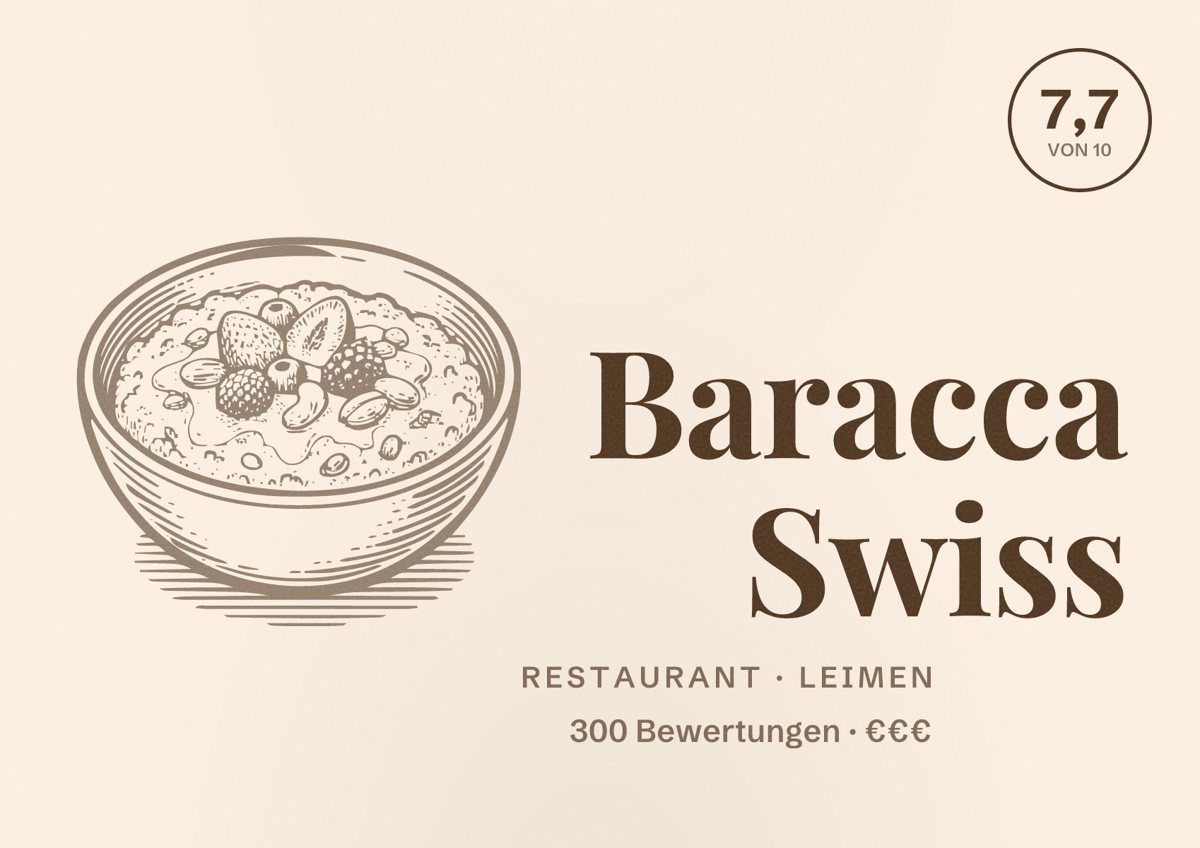 Illustriertes Poster von Baracca Swiss, Restaurant in Leimen: Bewertung 7,7 von 10 aus 300 Bewertungen, Preisniveau €€€