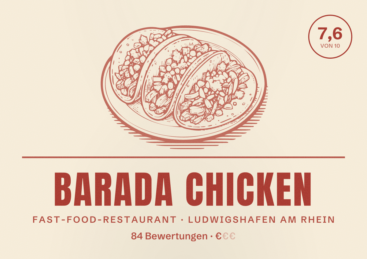 Illustriertes Poster von Barada Chicken, Fast-Food-Restaurant in Ludwigshafen am Rhein: Bewertung 7,6 von 10 aus 84 Bewertungen, Preisniveau €