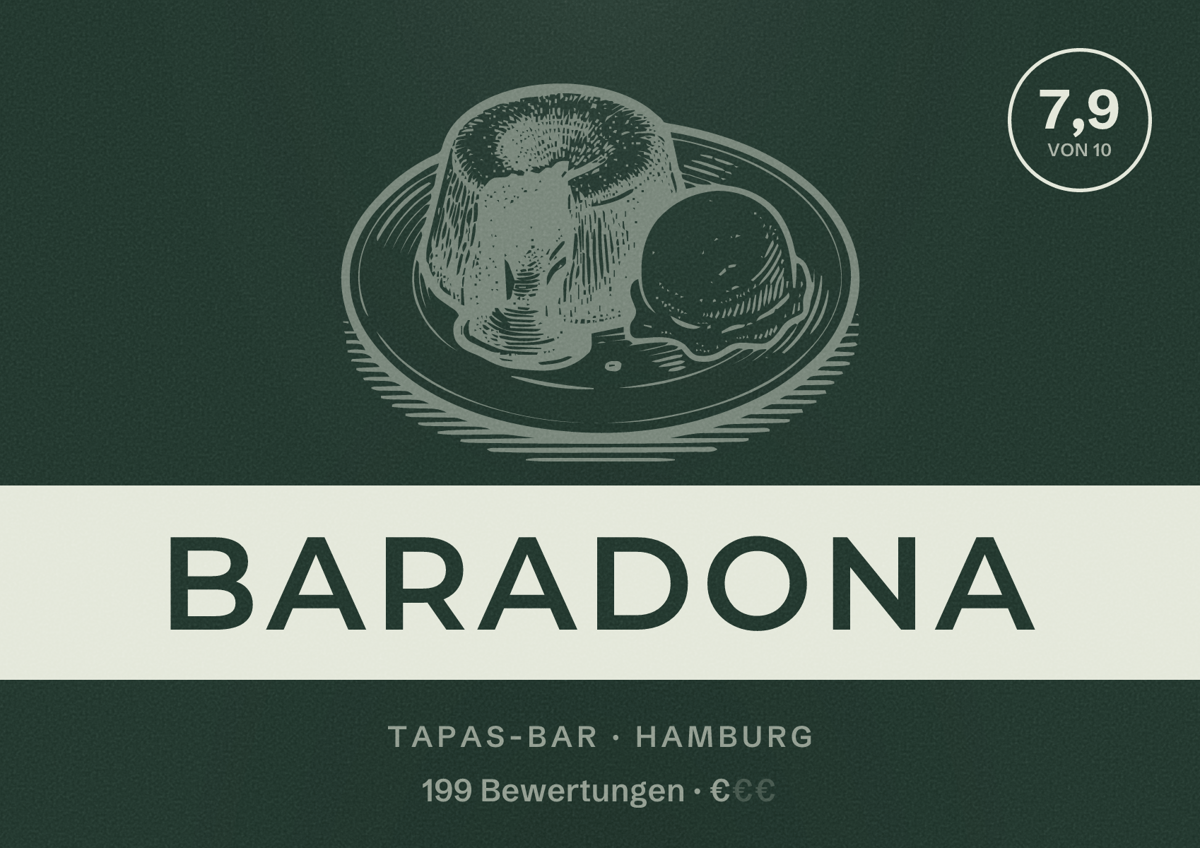 Illustriertes Poster von Baradona, Tapas-Bar in Hamburg: Bewertung 7,9 von 10 aus 199 Bewertungen, Preisniveau €
