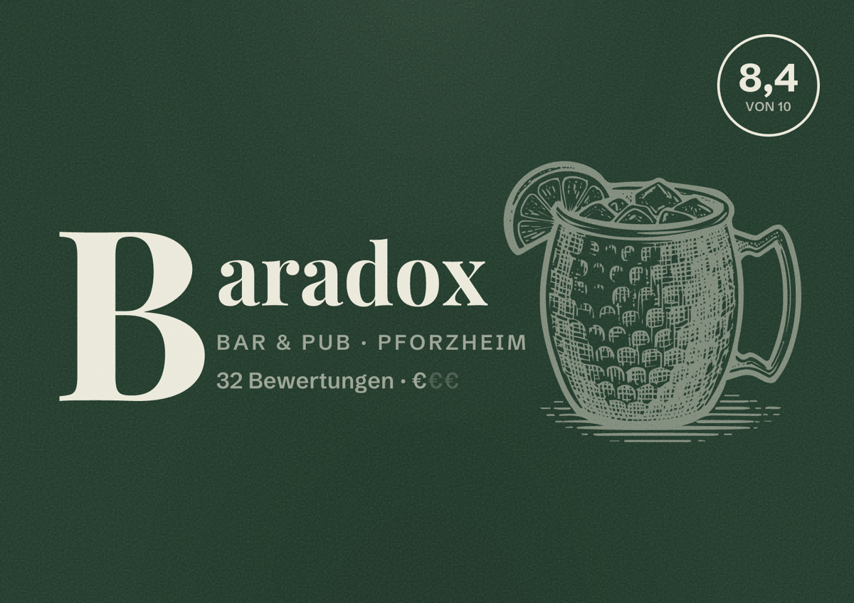 Illustriertes Poster von Baradox, Bar & Pub in Pforzheim: Bewertung 8,4 von 10 aus 32 Bewertungen, Preisniveau €