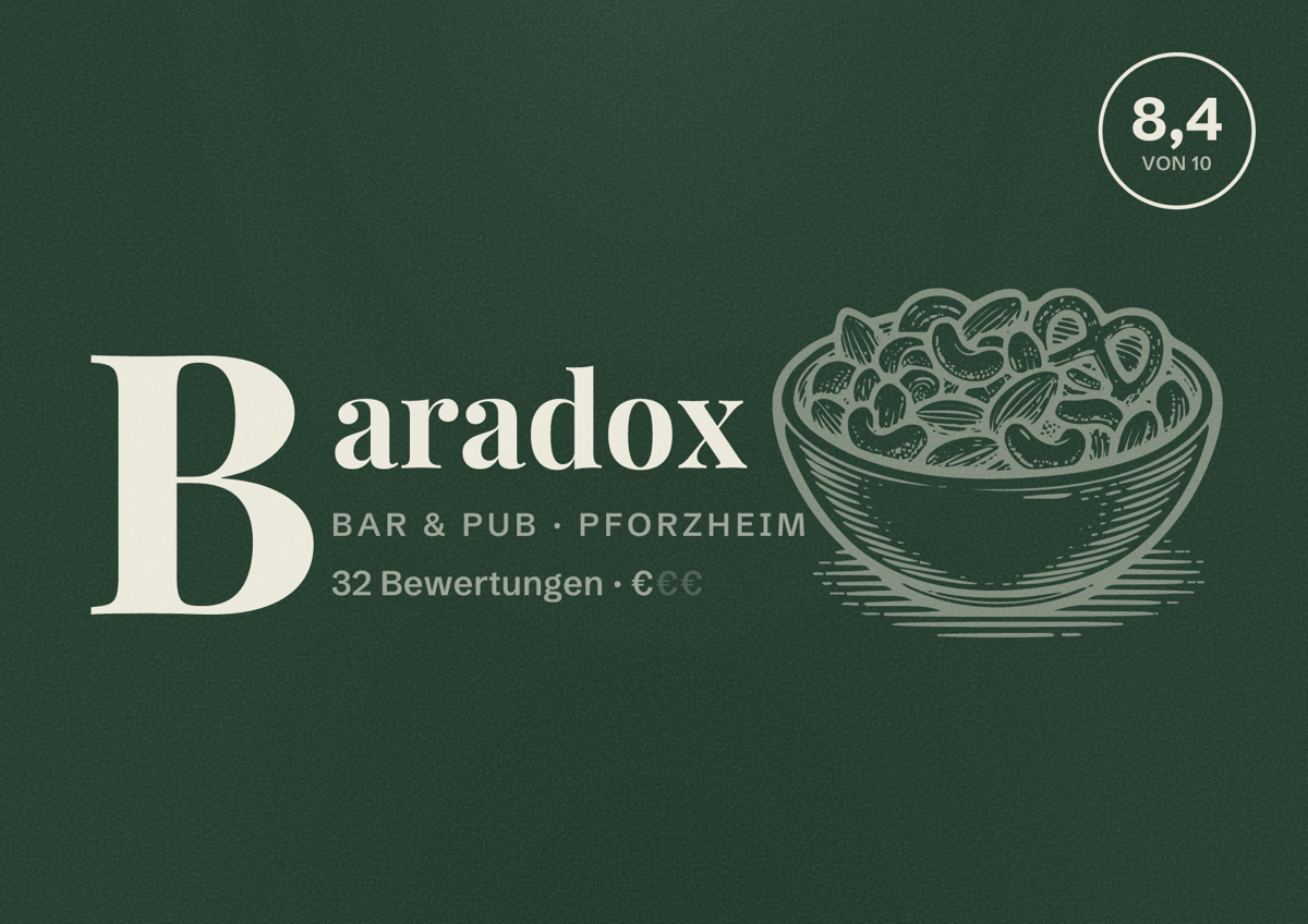 Illustriertes Poster von Baradox, Bar & Pub in Pforzheim: Bewertung 8,4 von 10 aus 32 Bewertungen, Preisniveau €
