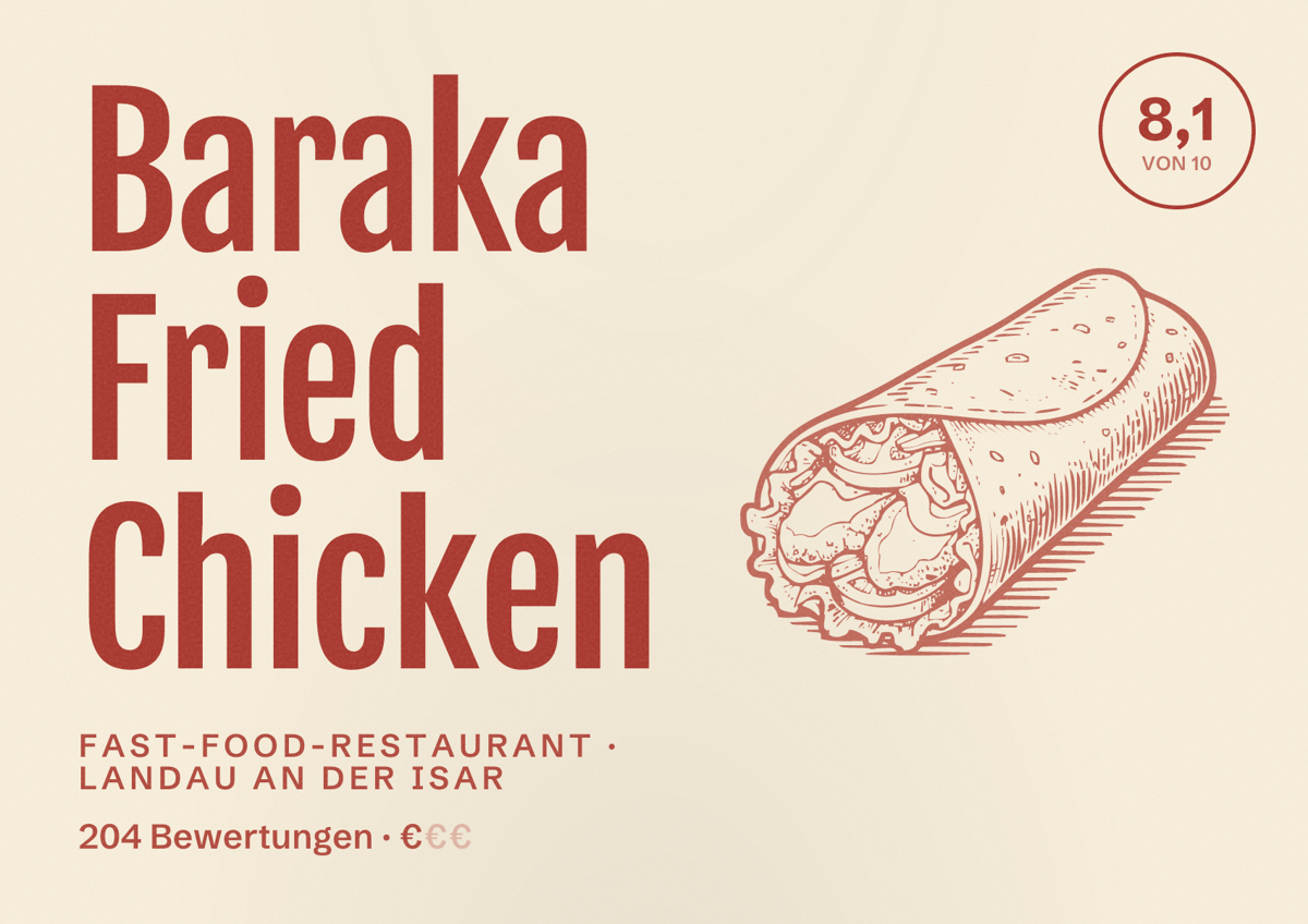 Illustriertes Poster von Baraka Fried Chicken, Fast-Food-Restaurant in Landau an der Isar: Bewertung 8,1 von 10 aus 204 Bewertungen, Preisniveau €