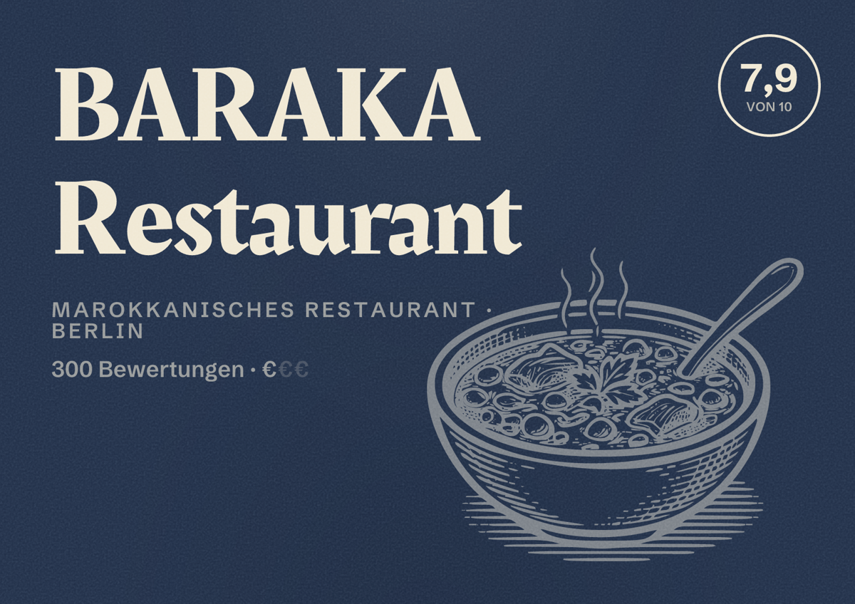 Illustriertes Poster von BARAKA Restaurant, Marokkanisches Restaurant in Berlin: Bewertung 7,9 von 10 aus 300 Bewertungen, Preisniveau €