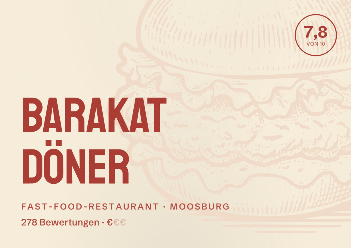 Illustriertes Poster von Barakat Döner, Fast-Food-Restaurant in Moosburg: Bewertung 7,8 von 10 aus 278 Bewertungen, Preisniveau €