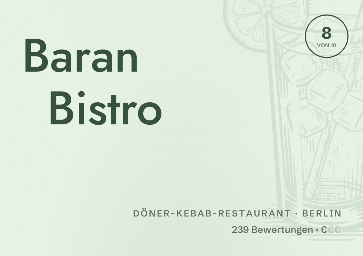Illustriertes Poster von Baran Bistro, Döner-Kebab-Restaurant in Berlin: Bewertung 8,0 von 10 aus 239 Bewertungen, Preisniveau €