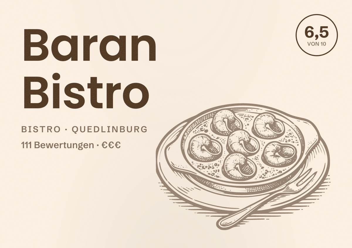 Illustriertes Poster von Baran Bistro, Bistro in Quedlinburg: Bewertung 6,5 von 10 aus 111 Bewertungen, Preisniveau €€€