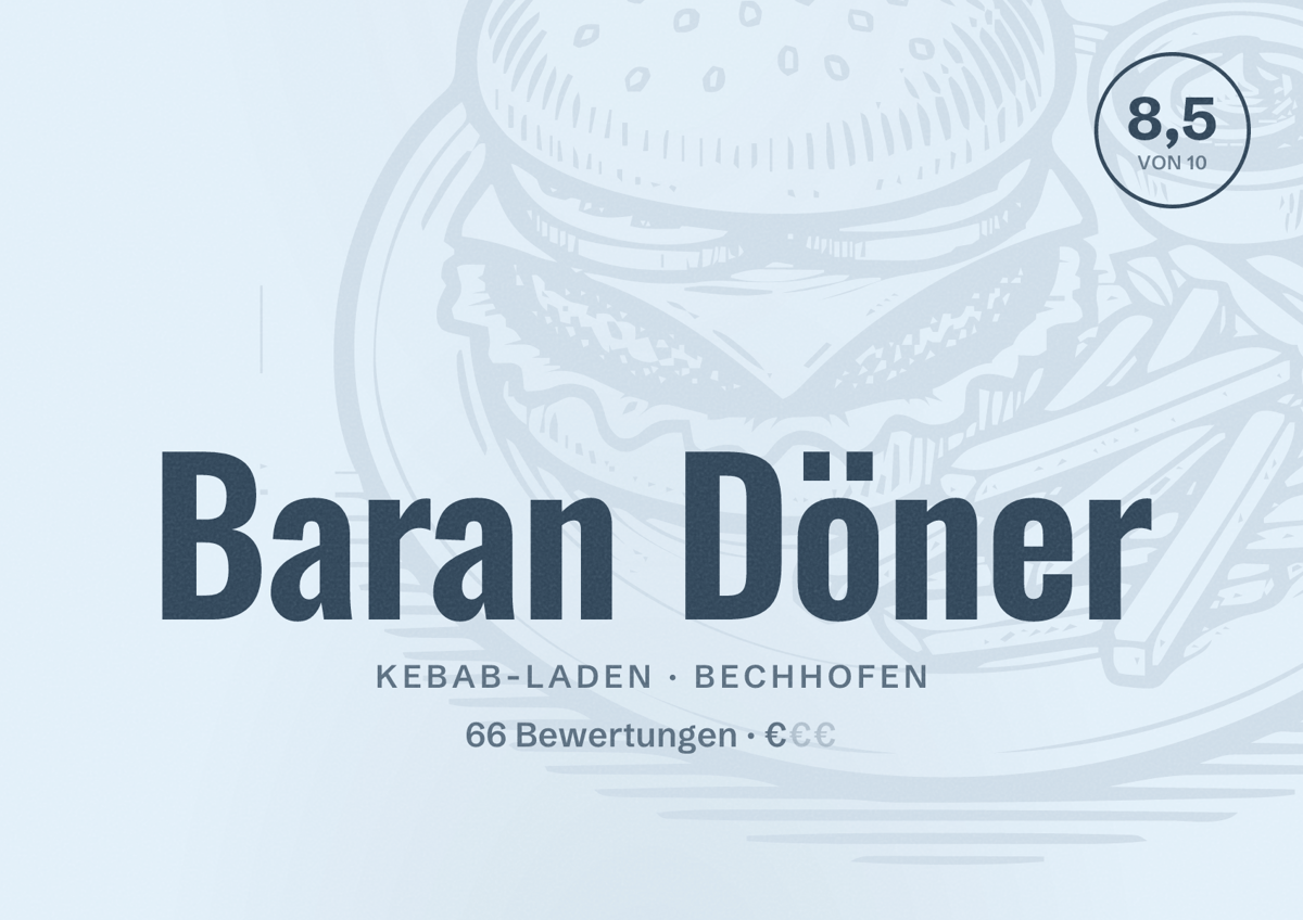 Illustriertes Poster von Baran Döner, Kebab-Laden in Bechhofen: Bewertung 8,5 von 10 aus 66 Bewertungen, Preisniveau €