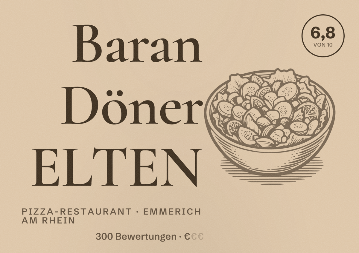 Illustriertes Poster von Baran Döner ELTEN, Pizza-Restaurant in Emmerich am Rhein: Bewertung 6,8 von 10 aus 300 Bewertungen, Preisniveau €