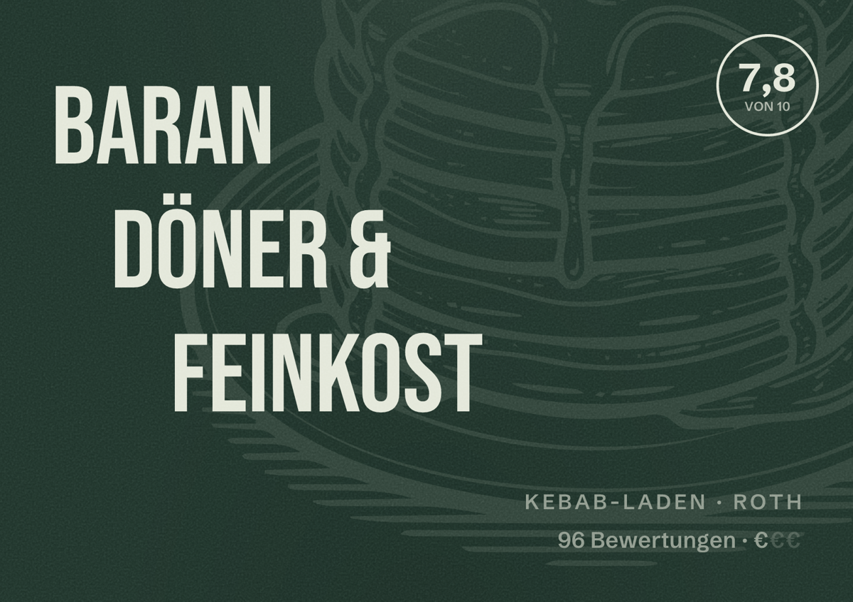 Illustriertes Poster von Baran Döner & Feinkost, Kebab-Laden in Roth: Bewertung 7,8 von 10 aus 96 Bewertungen, Preisniveau €