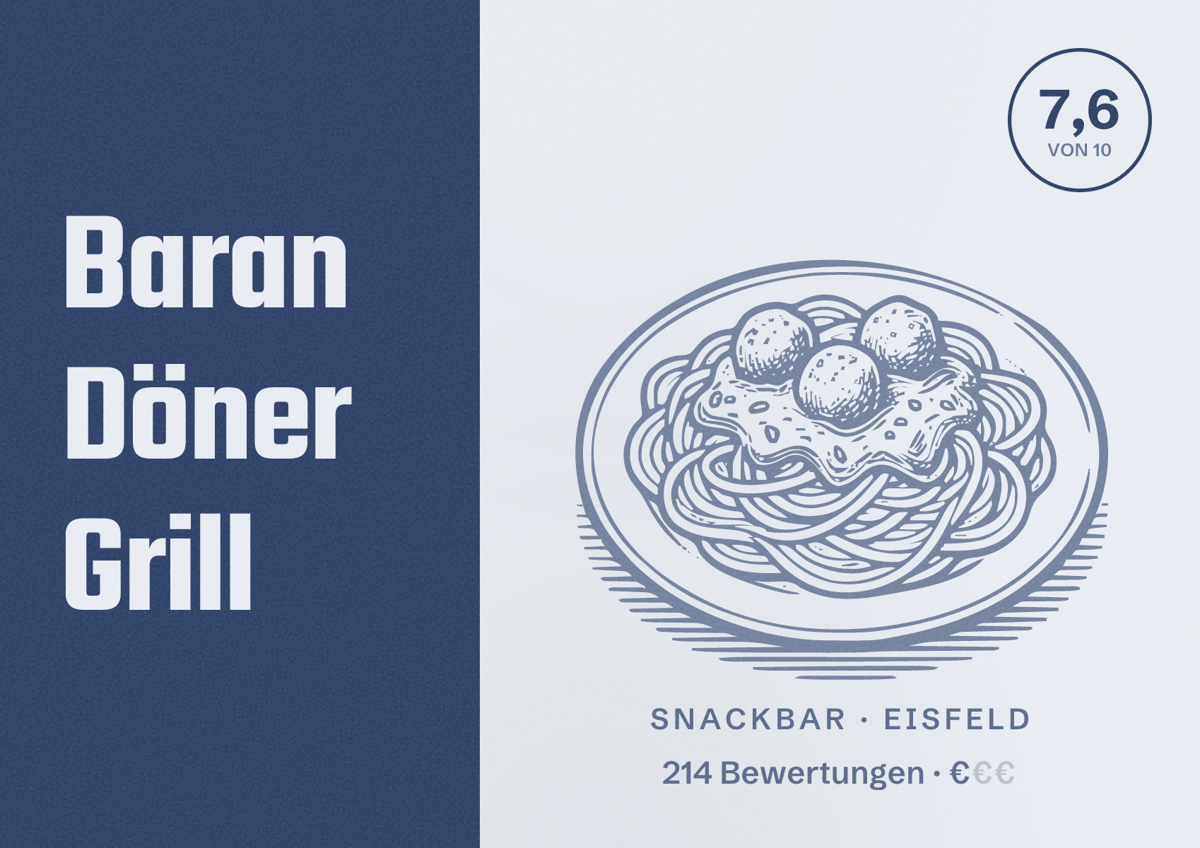 Illustriertes Poster von Baran Döner Grill, Snackbar in Eisfeld: Bewertung 7,6 von 10 aus 214 Bewertungen, Preisniveau €