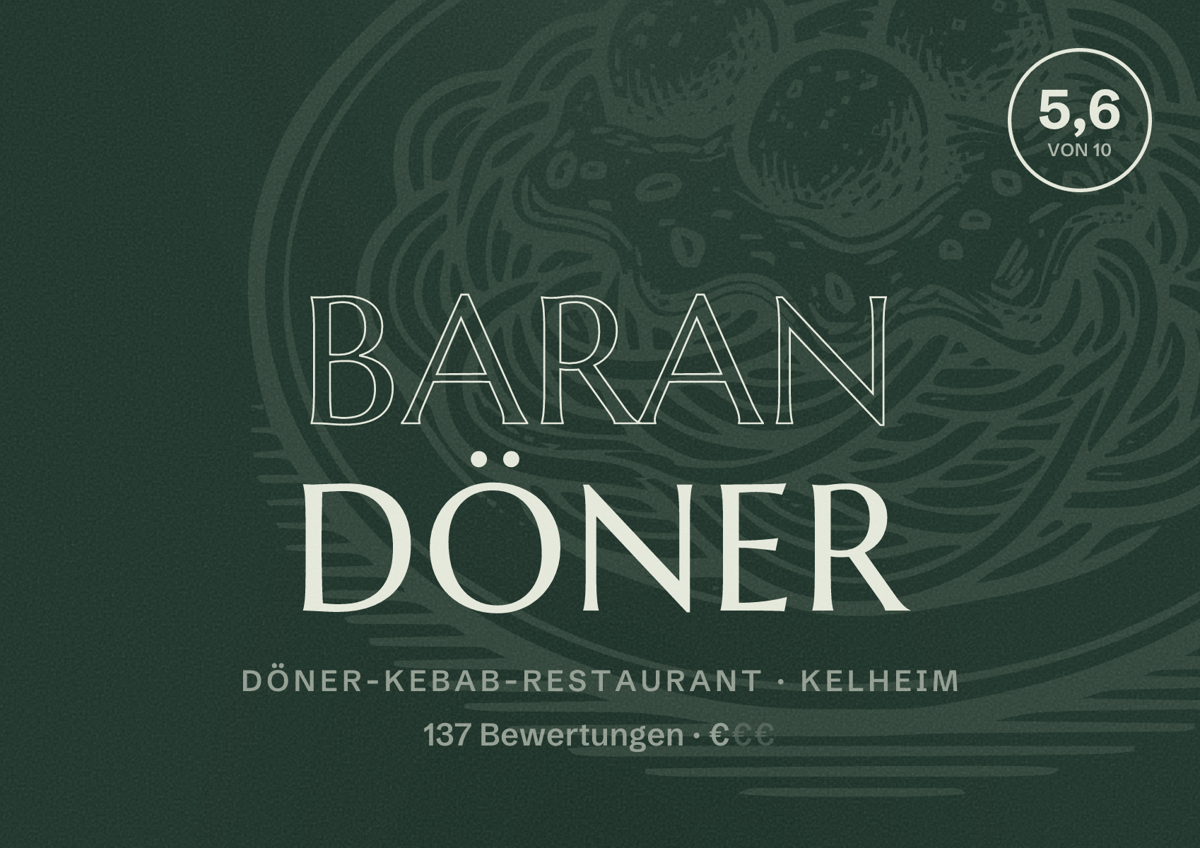 Illustriertes Poster von Baran Döner, Döner-Kebab-Restaurant in Kelheim: Bewertung 5,6 von 10 aus 137 Bewertungen, Preisniveau €