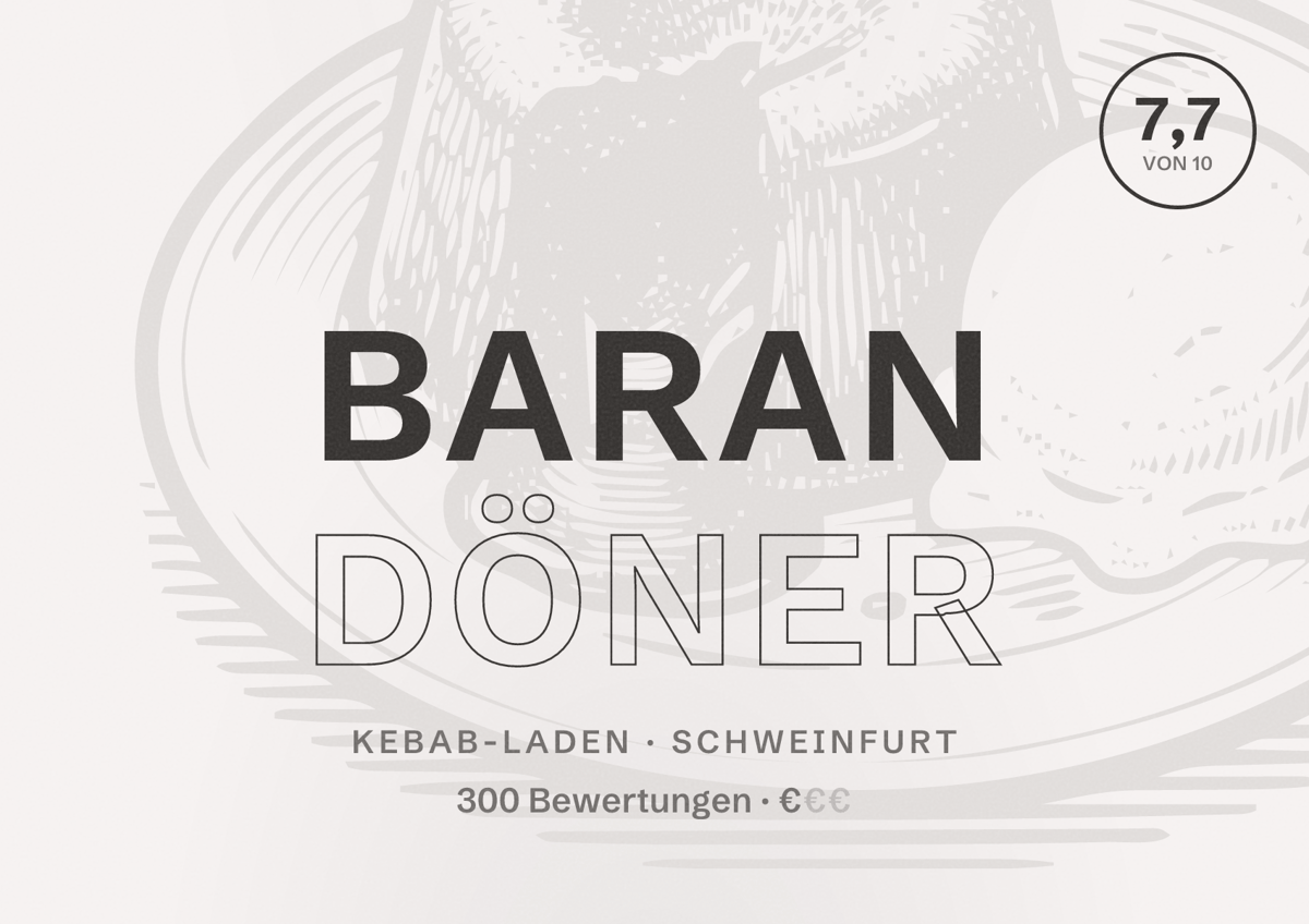 Illustriertes Poster von Baran Döner, Kebab-Laden in Schweinfurt: Bewertung 7,7 von 10 aus 300 Bewertungen, Preisniveau €