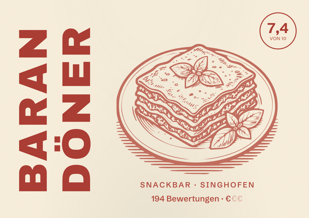 Illustriertes Poster von Baran Döner, Snackbar in Singhofen: Bewertung 7,4 von 10 aus 194 Bewertungen, Preisniveau €