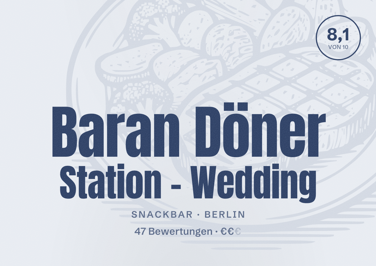 Illustriertes Poster von Baran Döner Station - Wedding, Snackbar in Berlin: Bewertung 8,1 von 10 aus 47 Bewertungen, Preisniveau €€