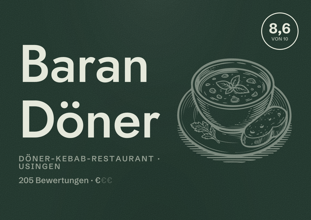 Illustriertes Poster von Baran Döner, Döner-Kebab-Restaurant in Usingen: Bewertung 8,6 von 10 aus 205 Bewertungen, Preisniveau €