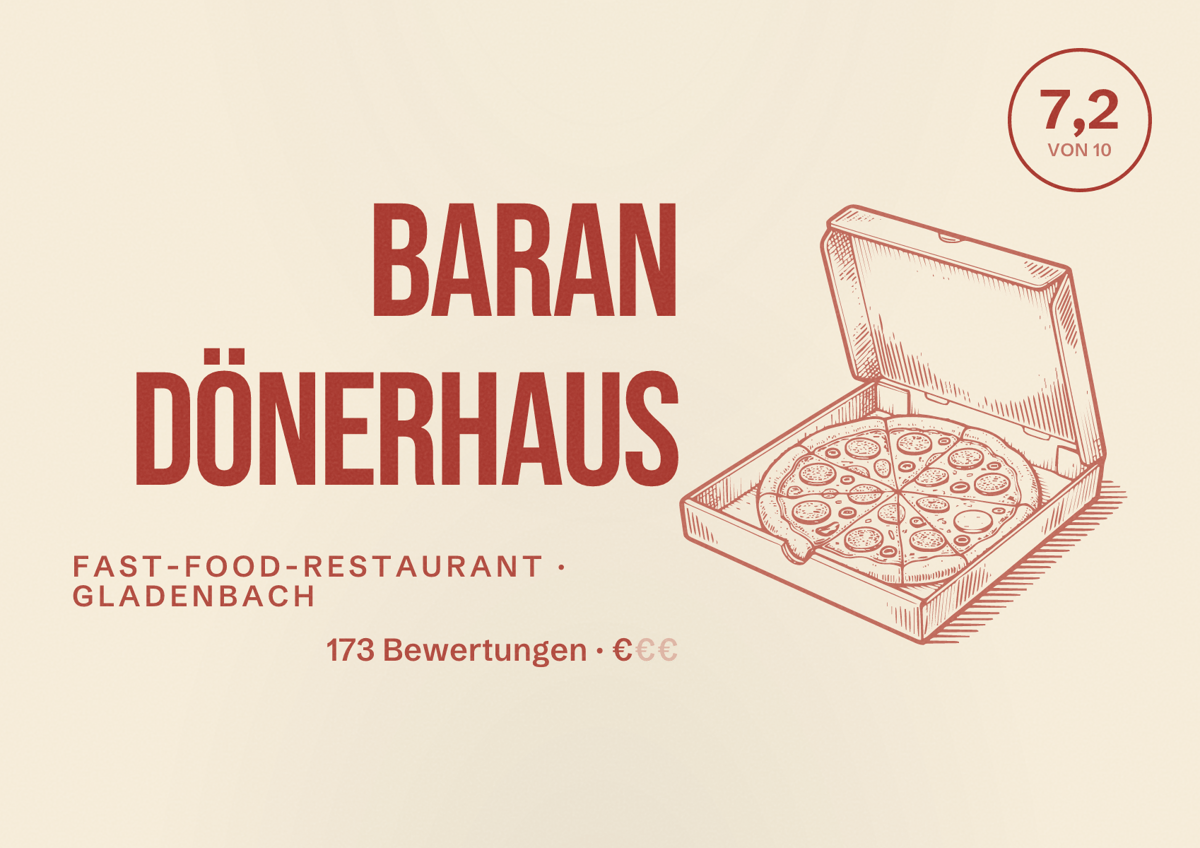 Illustriertes Poster von Baran Dönerhaus, Fast-Food-Restaurant in Gladenbach: Bewertung 7,2 von 10 aus 173 Bewertungen, Preisniveau €