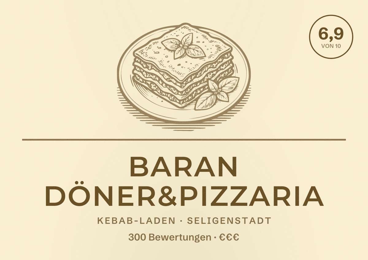 Illustriertes Poster von Baran Döner&Pizzaria, Kebab-Laden in Seligenstadt: Bewertung 6,9 von 10 aus 300 Bewertungen, Preisniveau €€€