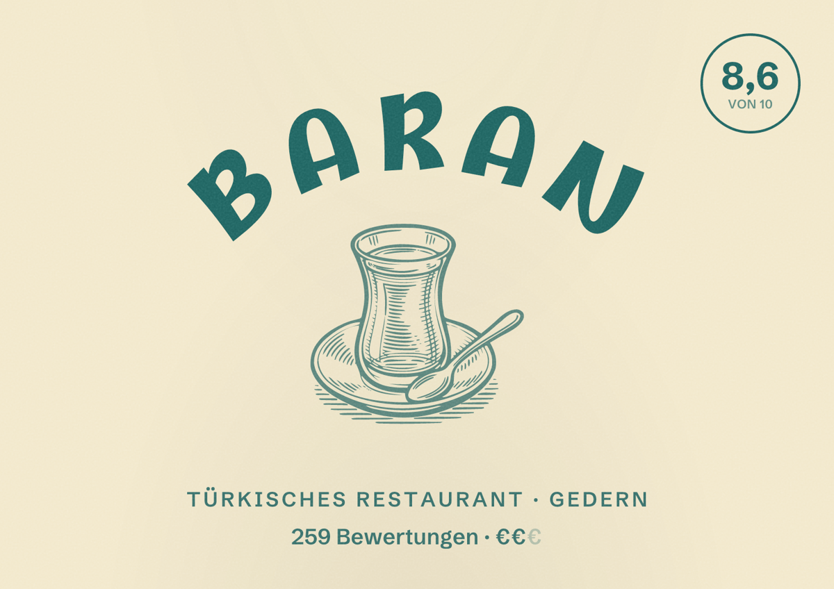Illustriertes Poster von Baran, Türkisches Restaurant in Gedern: Bewertung 8,6 von 10 aus 259 Bewertungen, Preisniveau €€