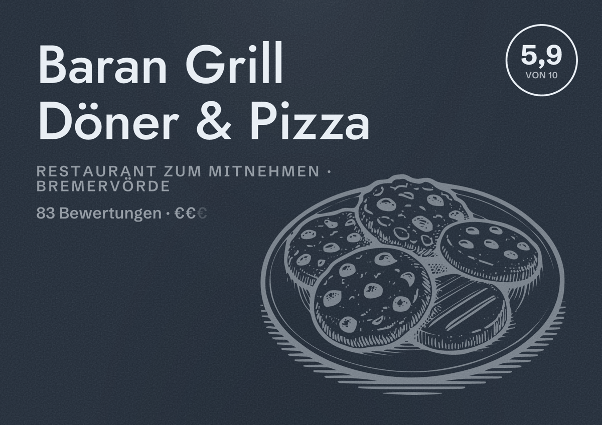 Illustriertes Poster von Baran Grill Döner & Pizza, Restaurant zum Mitnehmen in Bremervörde: Bewertung 5,9 von 10 aus 83 Bewertungen, Preisniveau €€