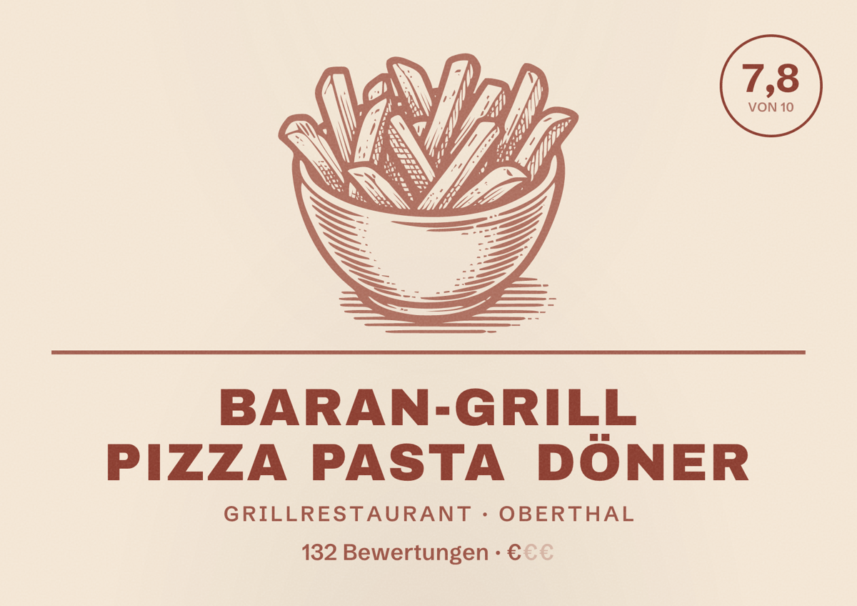 Illustriertes Poster von Baran-Grill Pizza Pasta Döner, Grillrestaurant in Oberthal: Bewertung 7,8 von 10 aus 132 Bewertungen, Preisniveau €