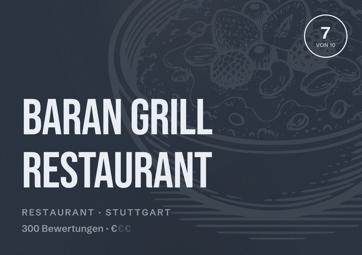 Illustriertes Poster von Baran Grill Restaurant, Restaurant in Stuttgart: Bewertung 7,0 von 10 aus 300 Bewertungen, Preisniveau €