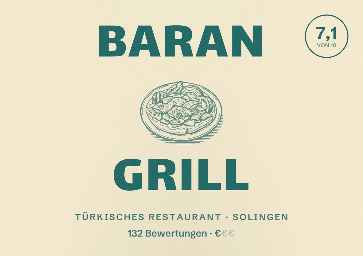 Illustriertes Poster von Baran Grill, Türkisches Restaurant in Solingen: Bewertung 7,1 von 10 aus 132 Bewertungen, Preisniveau €