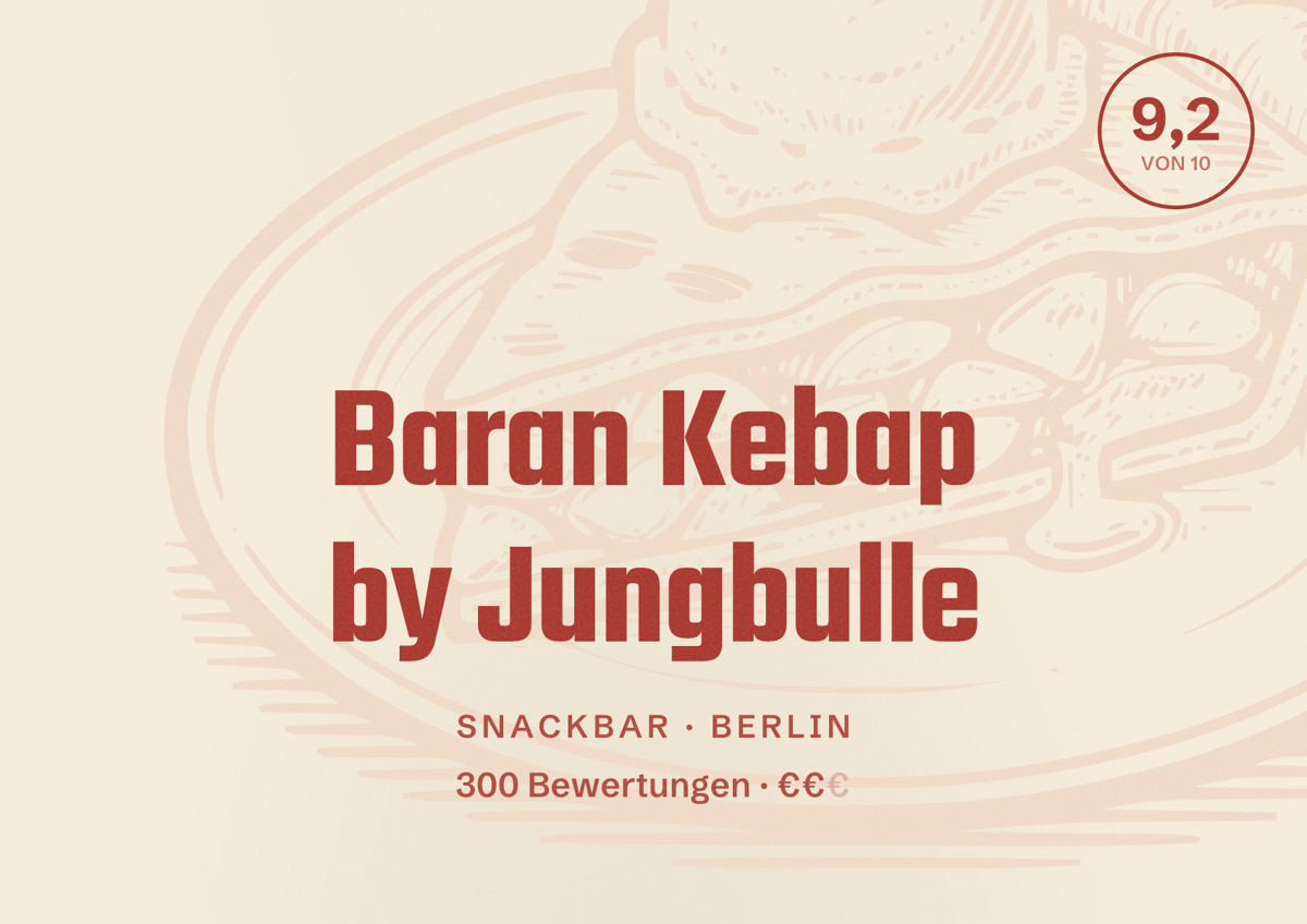 Illustriertes Poster von Baran Kebap by Jungbulle, Snackbar in Berlin: Bewertung 9,2 von 10 aus 300 Bewertungen, Preisniveau €€