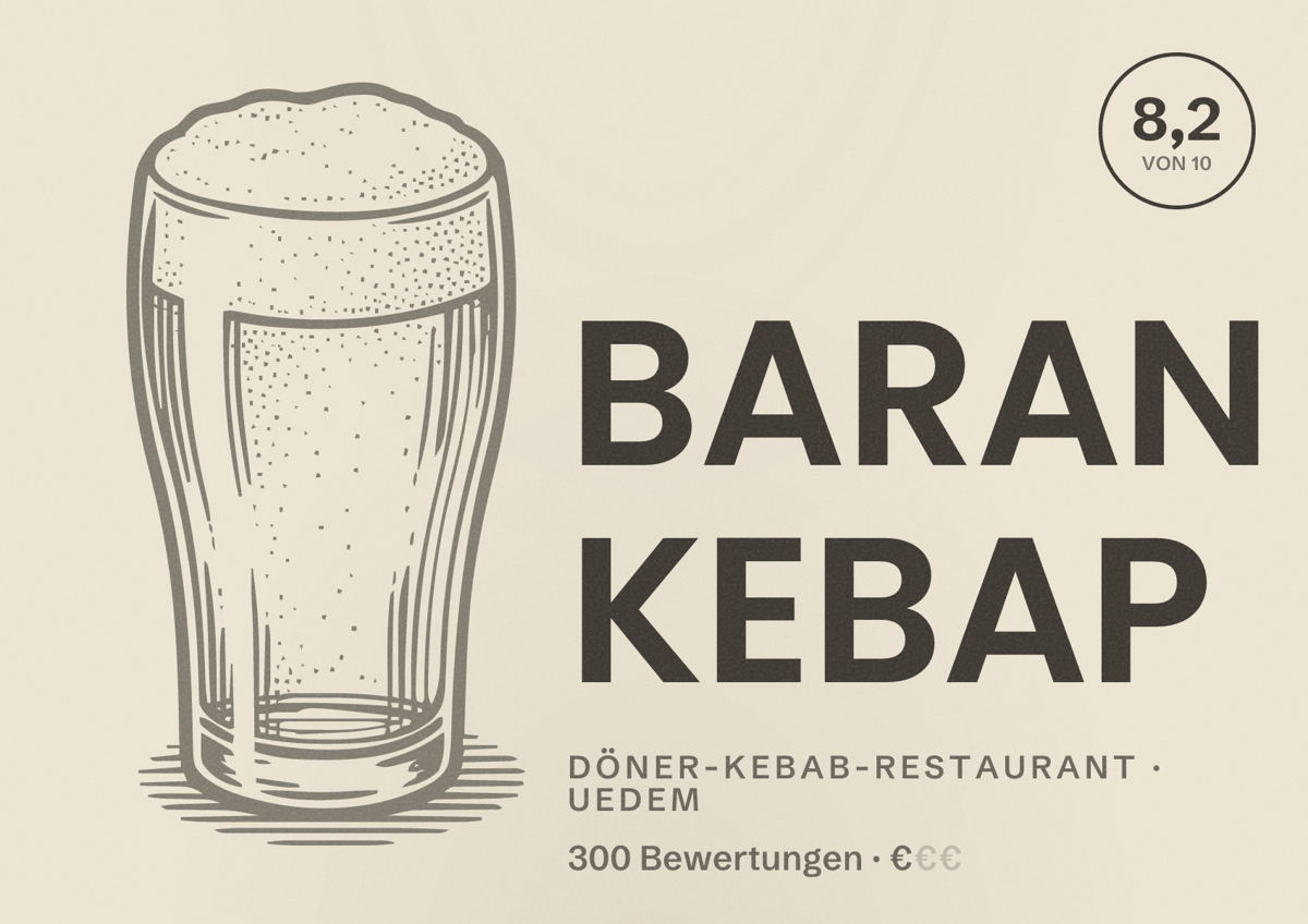 Illustriertes Poster von BARAN KEBAP, Döner-Kebab-Restaurant in Uedem: Bewertung 8,2 von 10 aus 300 Bewertungen, Preisniveau €