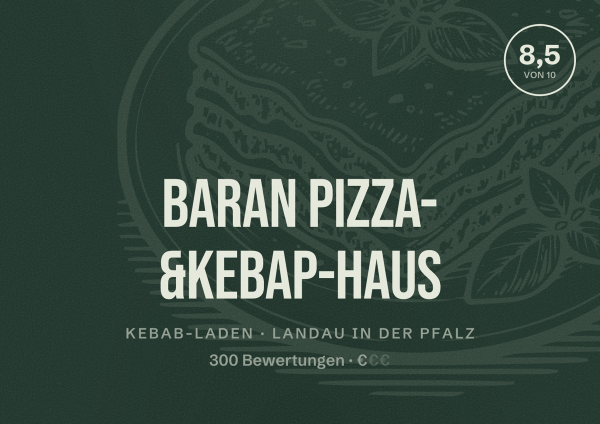 Illustriertes Poster von Baran Pizza- &Kebap-Haus, Kebab-Laden in Landau in der Pfalz: Bewertung 8,5 von 10 aus 300 Bewertungen, Preisniveau €