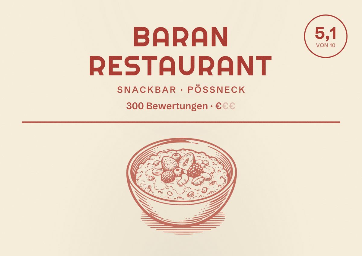 Illustriertes Poster von Baran Restaurant, Snackbar in Pößneck: Bewertung 5,1 von 10 aus 300 Bewertungen, Preisniveau €