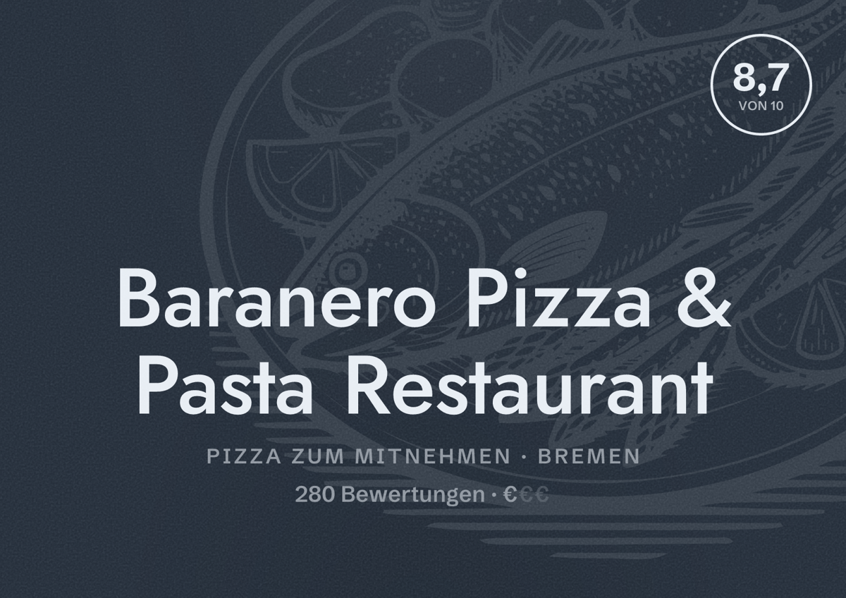Illustriertes Poster von Baranero Pizza & Pasta Restaurant, Pizza zum Mitnehmen in Bremen: Bewertung 8,7 von 10 aus 280 Bewertungen, Preisniveau €