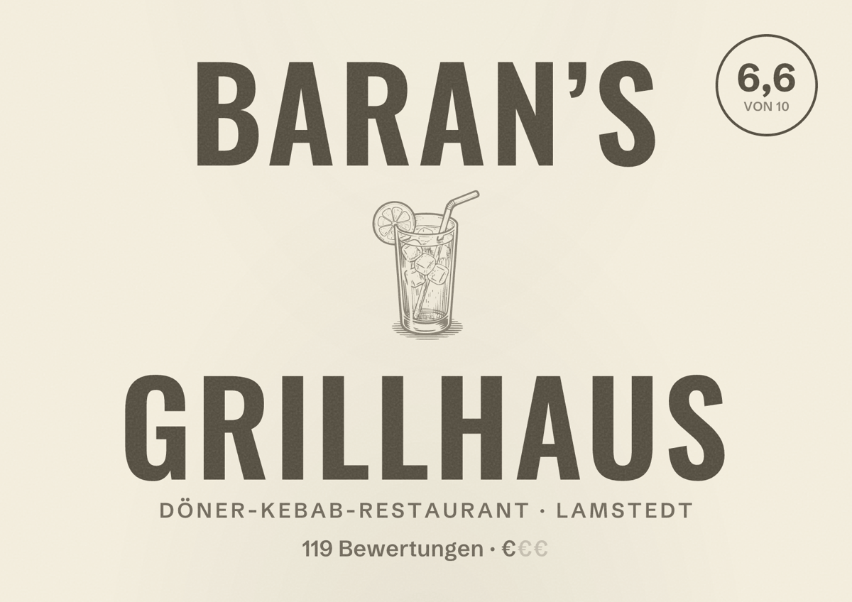 Illustriertes Poster von Baran’s Grillhaus, Döner-Kebab-Restaurant in Lamstedt: Bewertung 6,6 von 10 aus 119 Bewertungen, Preisniveau €