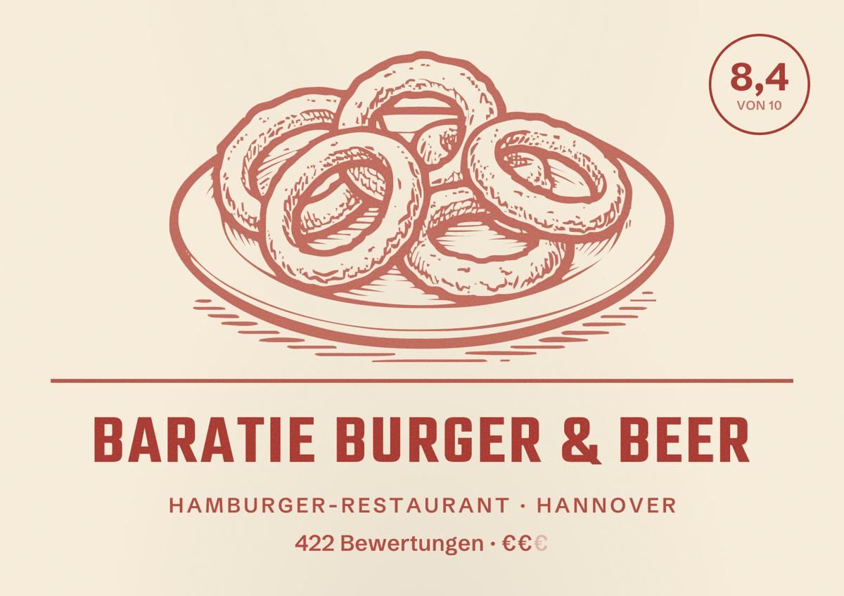 Illustriertes Poster von Baratie Burger & Beer, Hamburger-Restaurant in Hannover: Bewertung 8,4 von 10 aus 422 Bewertungen, Preisniveau €€