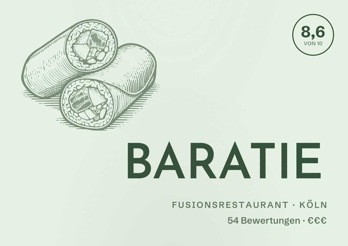 Illustriertes Poster von BARATIE, Fusionsrestaurant in Köln: Bewertung 8,6 von 10 aus 54 Bewertungen, Preisniveau €€€
