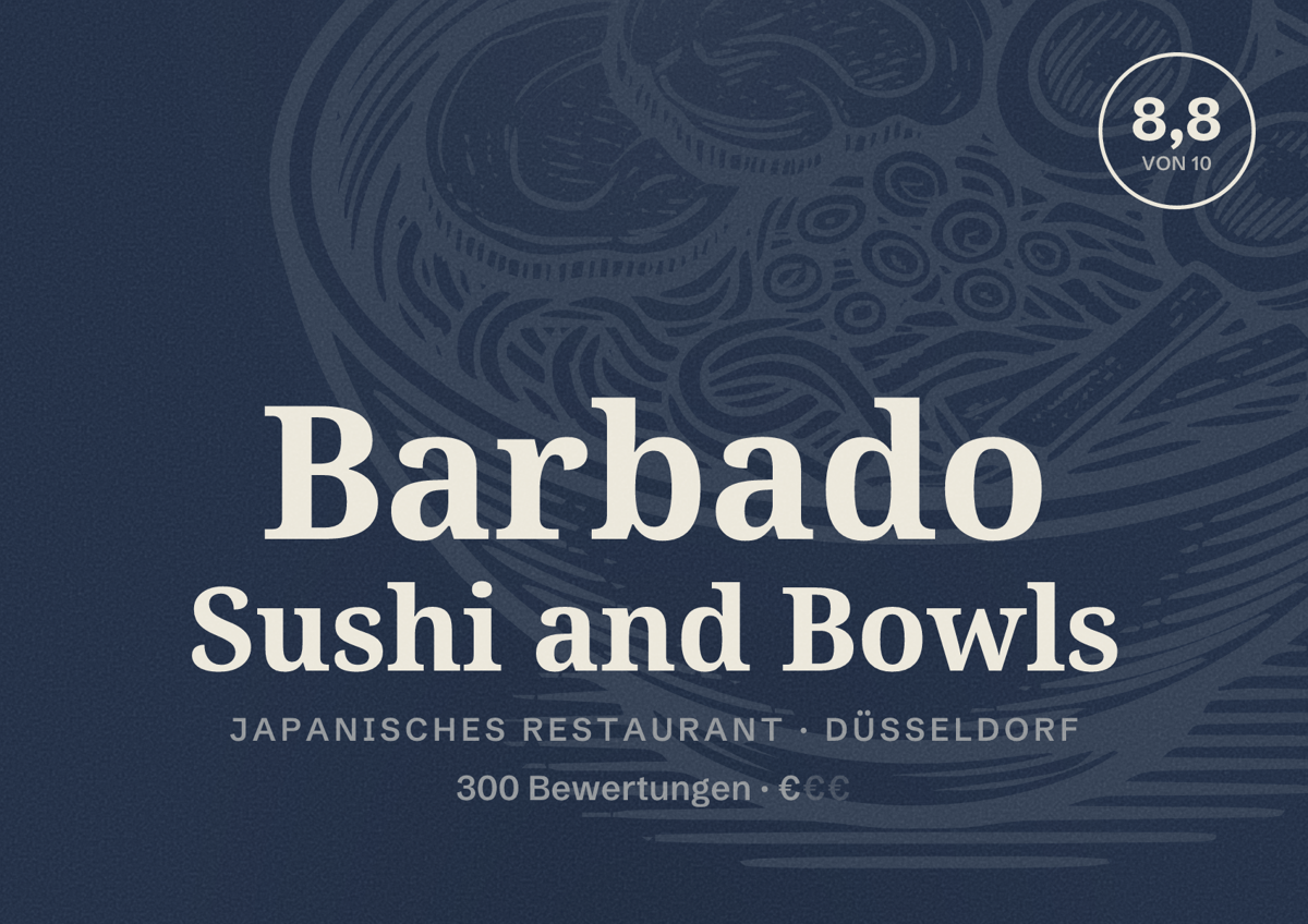 Illustriertes Poster von Barbado Sushi and Bowls, Japanisches Restaurant in Düsseldorf: Bewertung 8,8 von 10 aus 300 Bewertungen, Preisniveau €