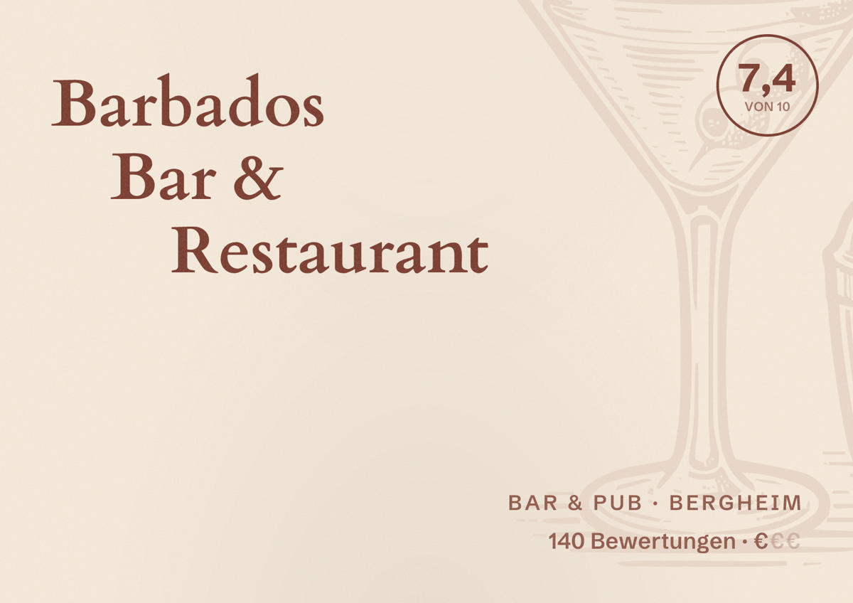 Illustriertes Poster von Barbados Bar & Restaurant, Bar & Pub in Bergheim: Bewertung 7,4 von 10 aus 140 Bewertungen, Preisniveau €