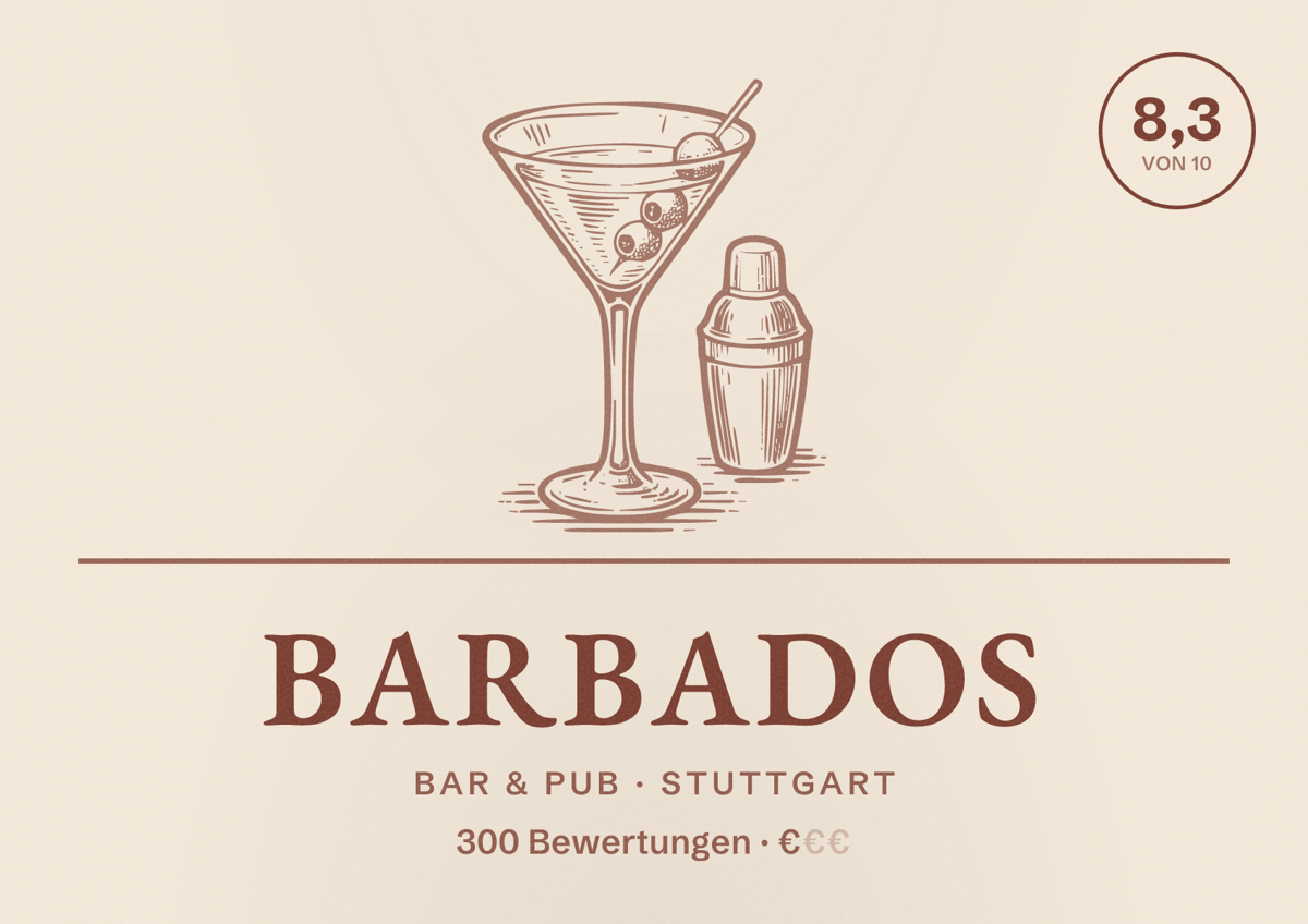 Illustriertes Poster von BARBADOS, Bar & Pub in Stuttgart: Bewertung 8,3 von 10 aus 300 Bewertungen, Preisniveau €