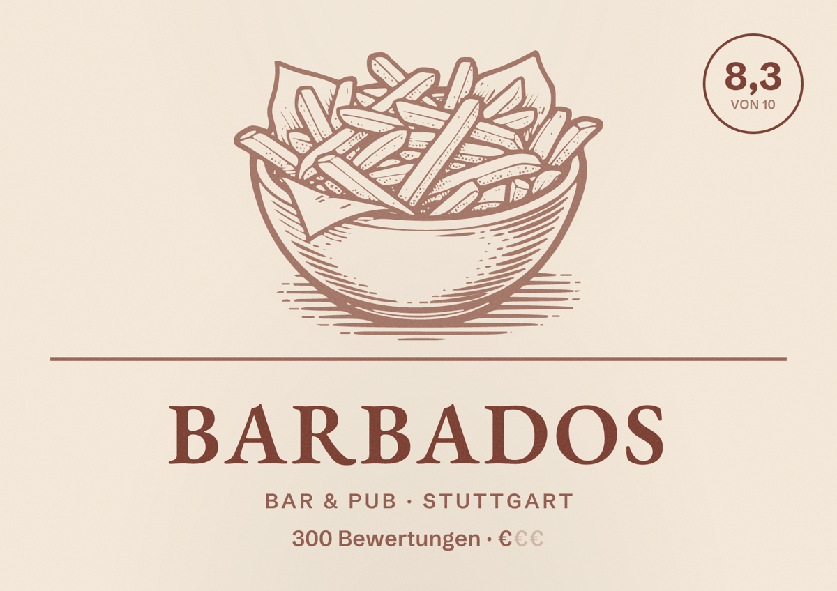 Illustriertes Poster von BARBADOS, Bar & Pub in Stuttgart: Bewertung 8,3 von 10 aus 300 Bewertungen, Preisniveau €