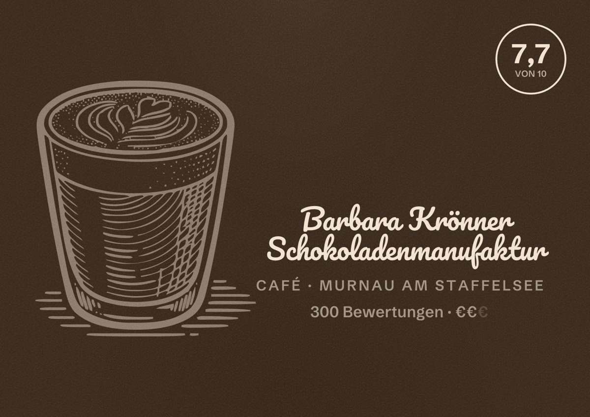 Illustriertes Poster von Barbara Krönner Schokoladenmanufaktur, Café in Murnau am Staffelsee: Bewertung 7,7 von 10 aus 300 Bewertungen, Preisniveau €€
