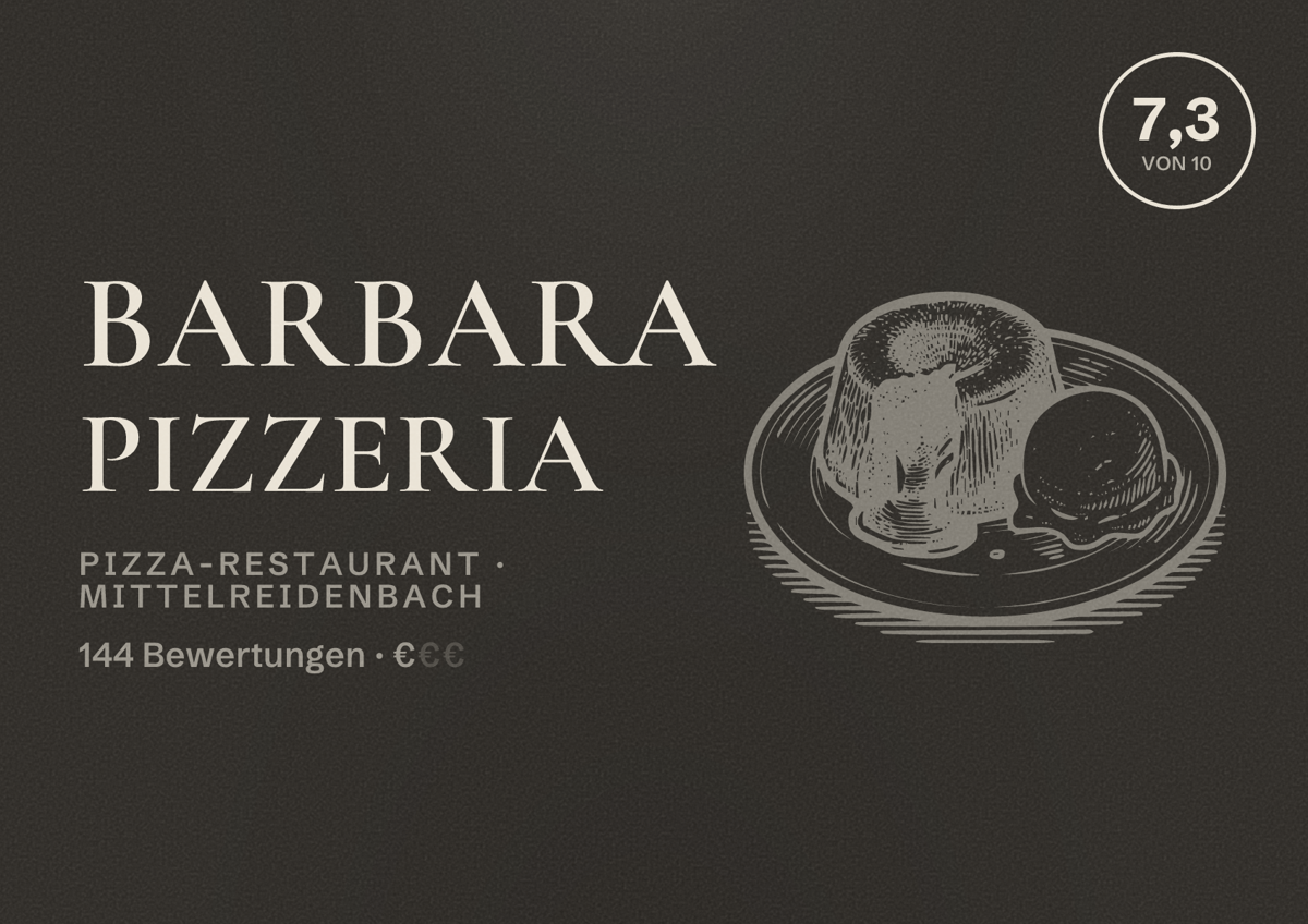 Illustriertes Poster von Barbara Pizzeria, Pizza-Restaurant in Mittelreidenbach: Bewertung 7,3 von 10 aus 144 Bewertungen, Preisniveau €