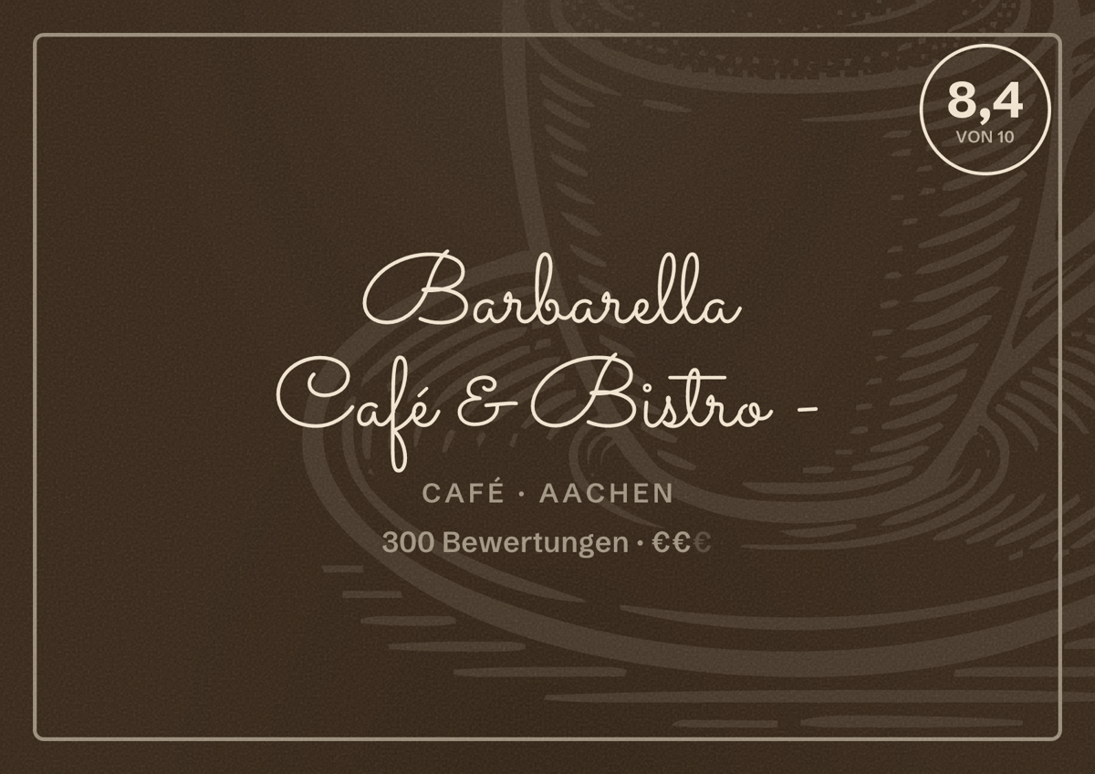 Illustriertes Poster von Barbarella Café & Bistro -, Café in Aachen: Bewertung 8,4 von 10 aus 300 Bewertungen, Preisniveau €€