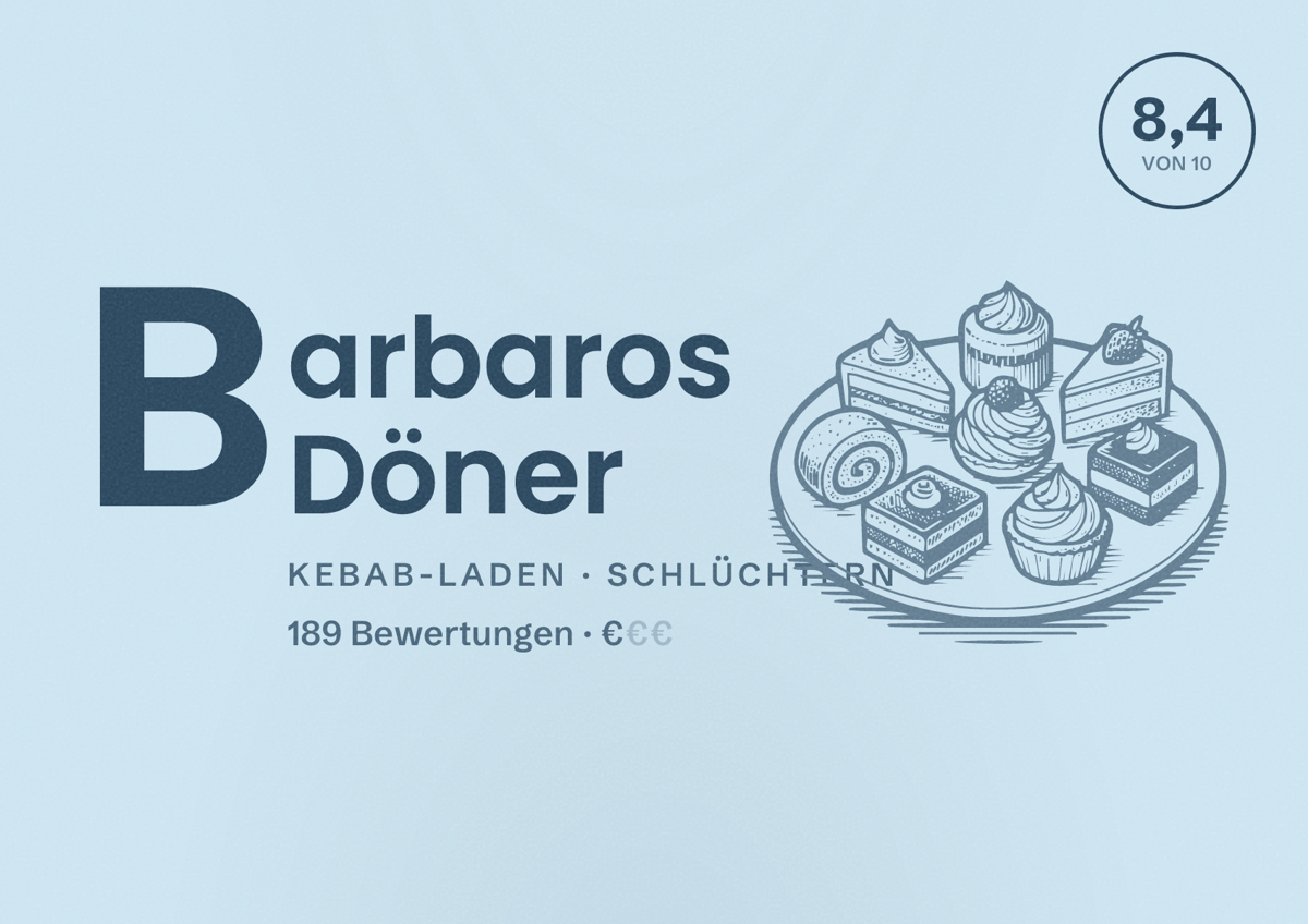Illustriertes Poster von Barbaros Döner, Kebab-Laden in Schlüchtern: Bewertung 8,4 von 10 aus 189 Bewertungen, Preisniveau €
