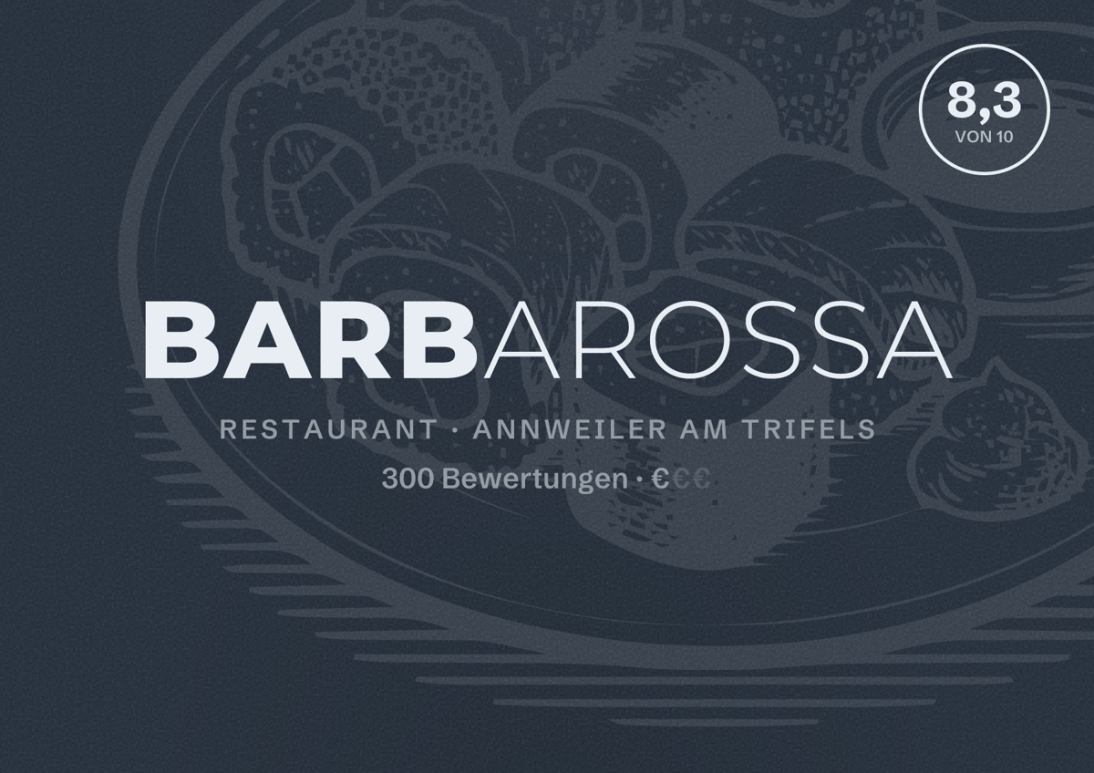 Illustriertes Poster von Barbarossa, Restaurant in Annweiler am Trifels: Bewertung 8,3 von 10 aus 300 Bewertungen, Preisniveau €