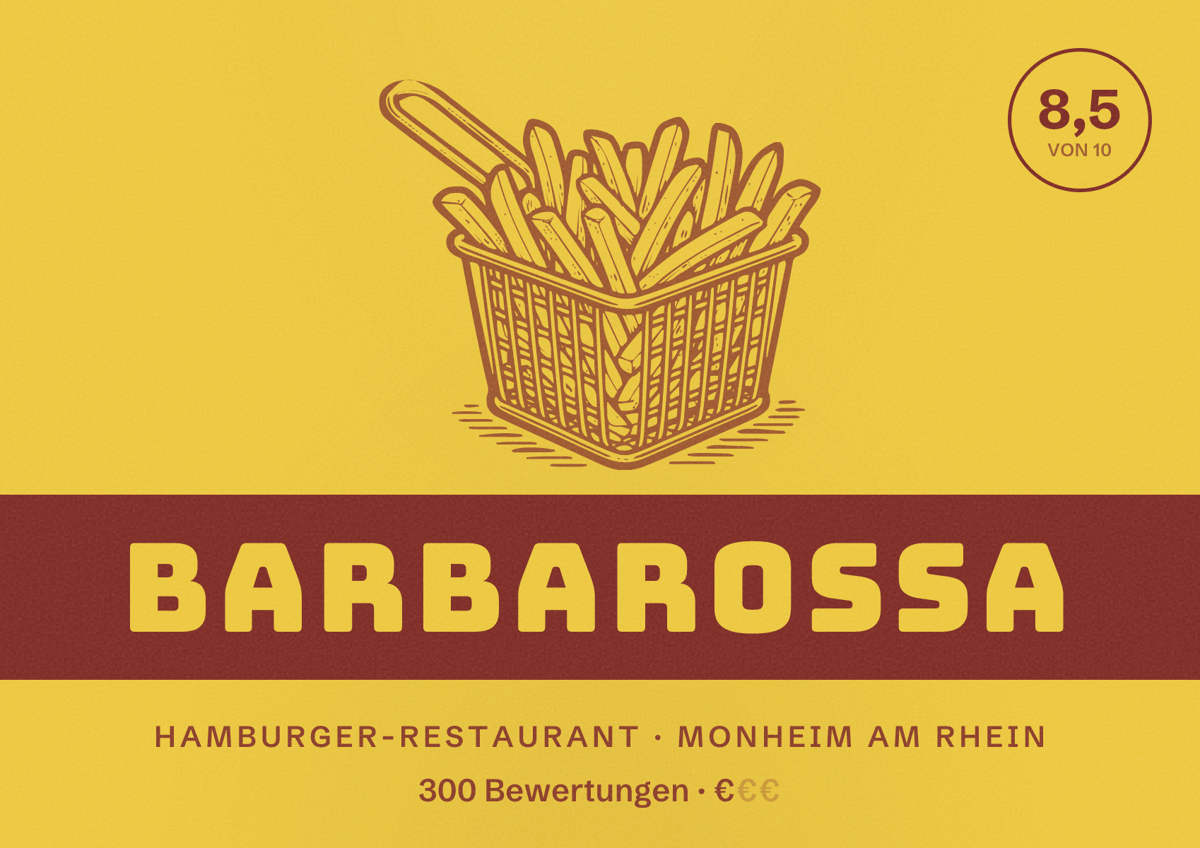 Illustriertes Poster von Barbarossa, Hamburger-Restaurant in Monheim am Rhein: Bewertung 8,5 von 10 aus 300 Bewertungen, Preisniveau €