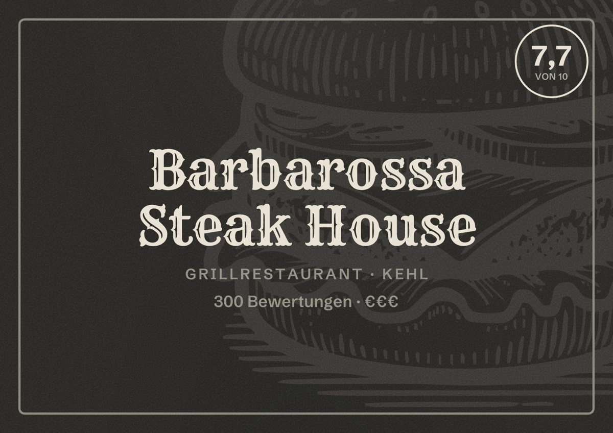 Illustriertes Poster von Barbarossa Steak House, Grillrestaurant in Kehl: Bewertung 7,7 von 10 aus 300 Bewertungen, Preisniveau €€€