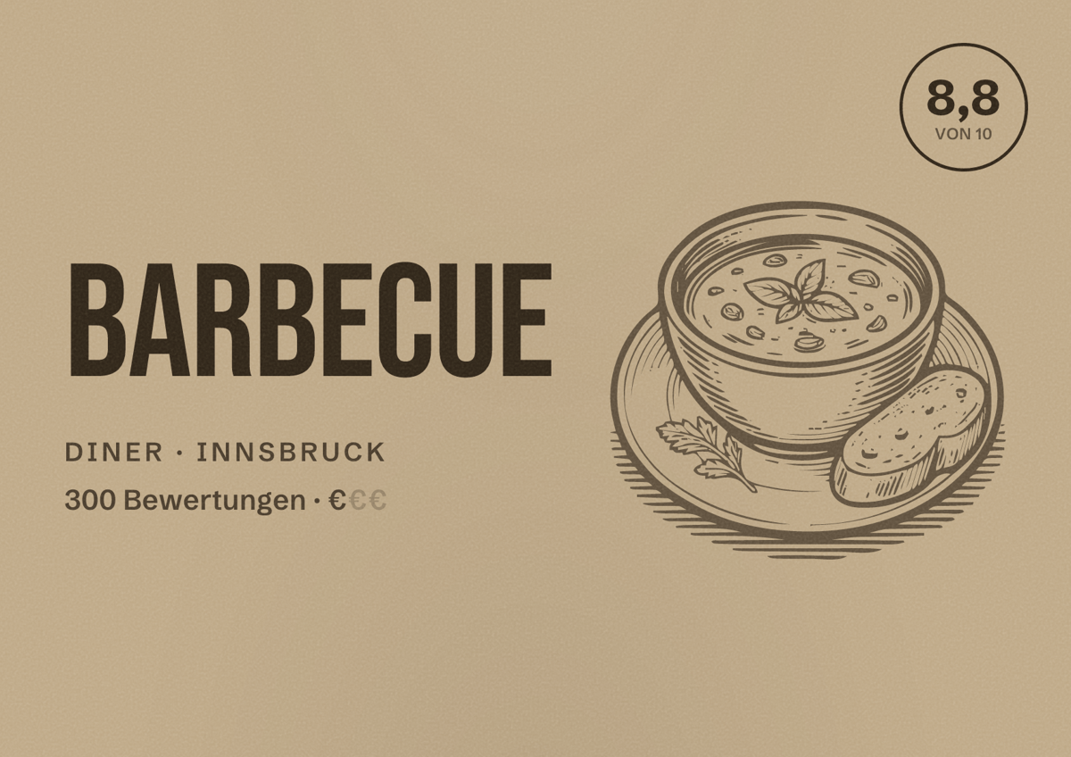 Illustriertes Poster von Barbecue, Diner in Innsbruck: Bewertung 8,8 von 10 aus 300 Bewertungen, Preisniveau €